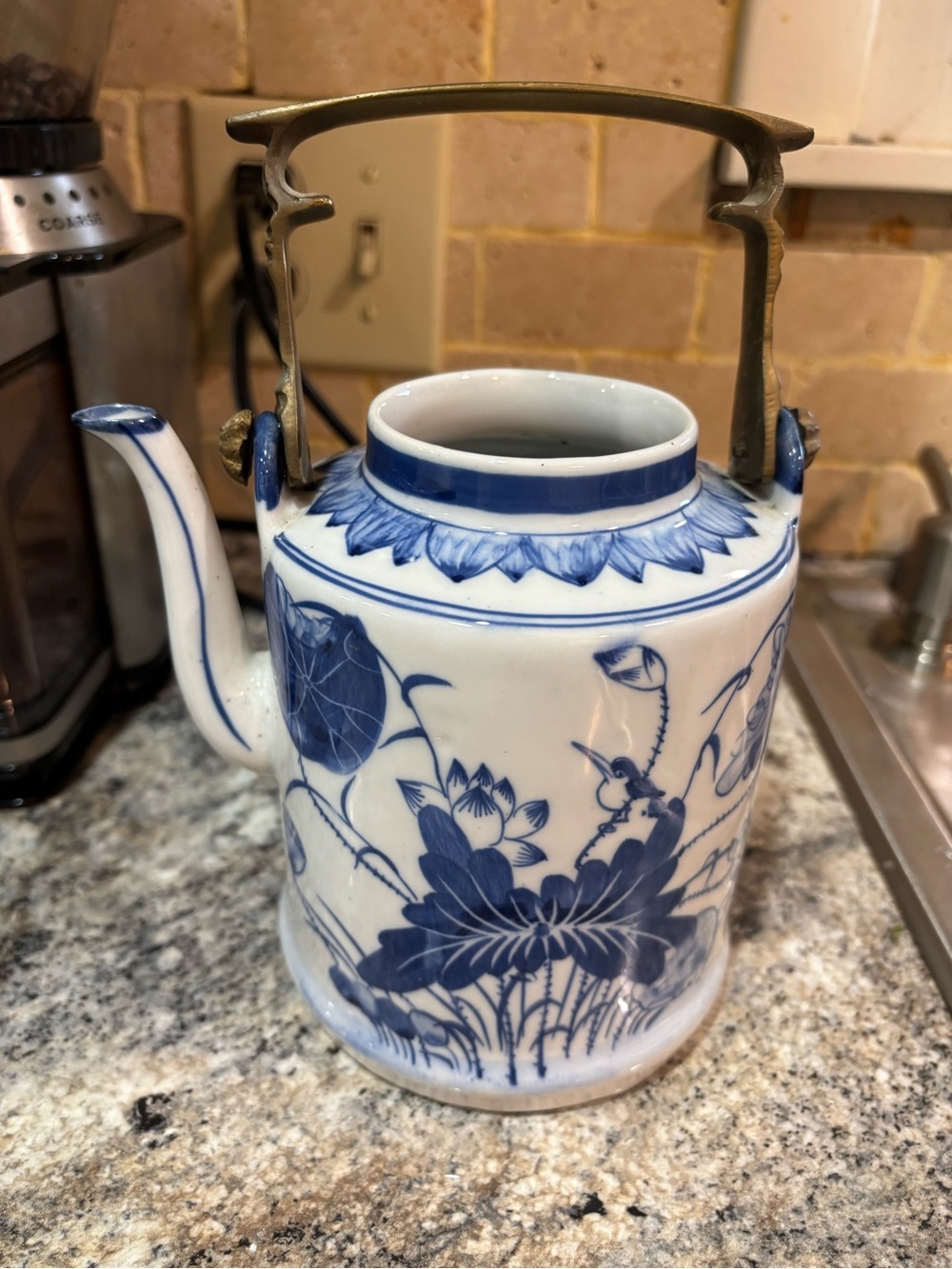 Blue and White Porcelain Teapot with Brass Handle - Floral Motif